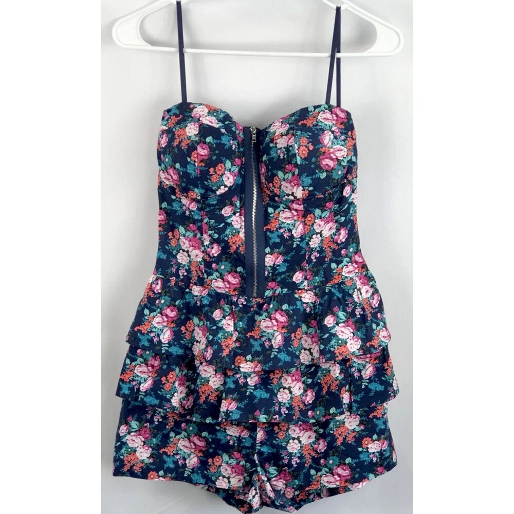 NWT Boutique sweetheart romper S Blue Floral Tiered Ruffles Strappy 90s Y2K